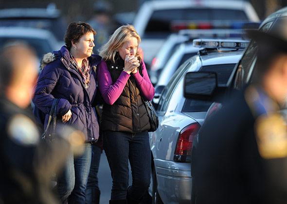 The aftermath of the school shooting at Sandy Hook elementary school in Newtown, Connecticut.